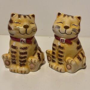 Charming Cat with Red Collar Salt and Pepper Shakers. Brown, cream and red.